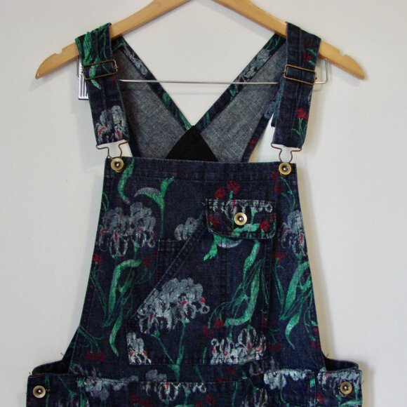 Denim Jean Overalls Japanese Floral Artsy Distressed Carpenter Loose Fit Large - Picture 5 of 16